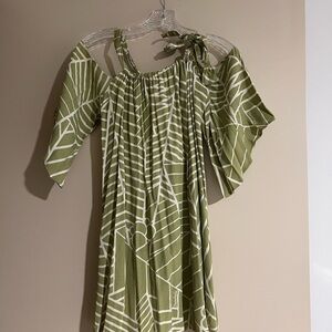 Manuhealii White and Green Sundress with peek a boo shoulder Flutter Sleeves